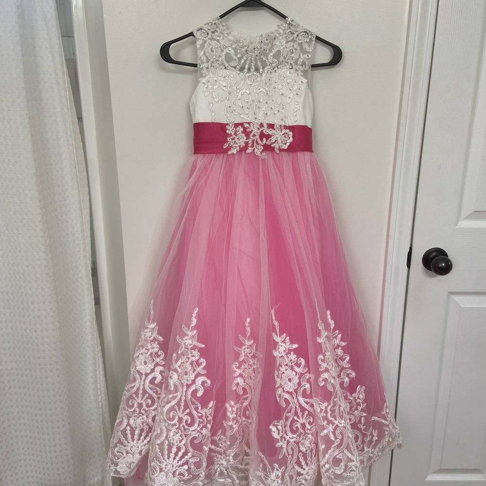 Girls 8 Pageant, Flower Girl Pink and White Beaded Tulle Dress